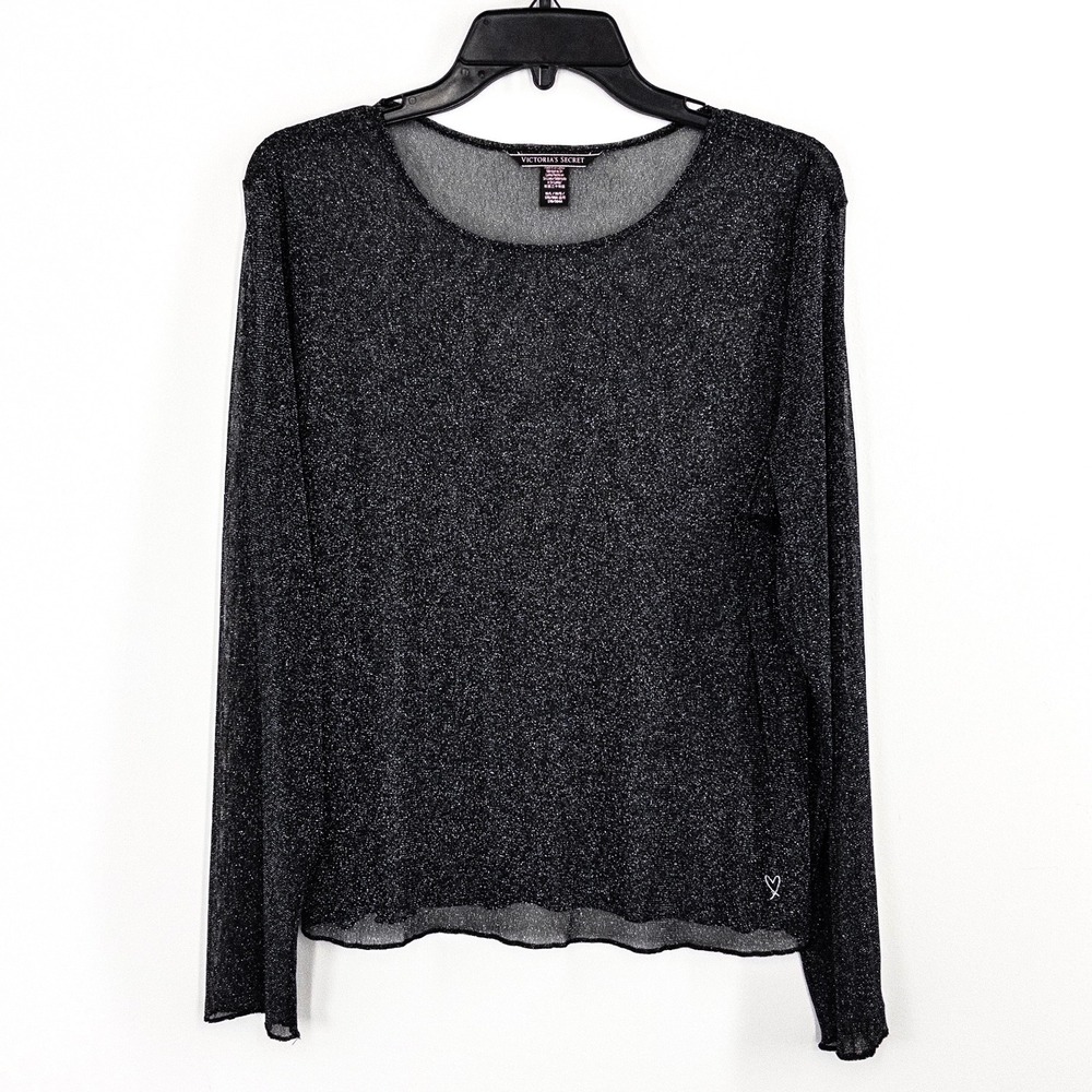 Victoria's Secret Women's M/L Metallic Shimmer Sheer Knit Top Long Sleeve Black